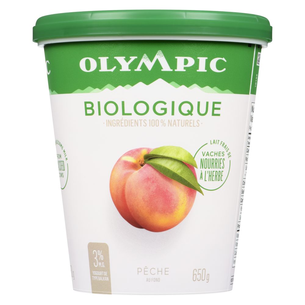 Olympic Yogourt biologique pêche de type balkan 3% M.G. 650g