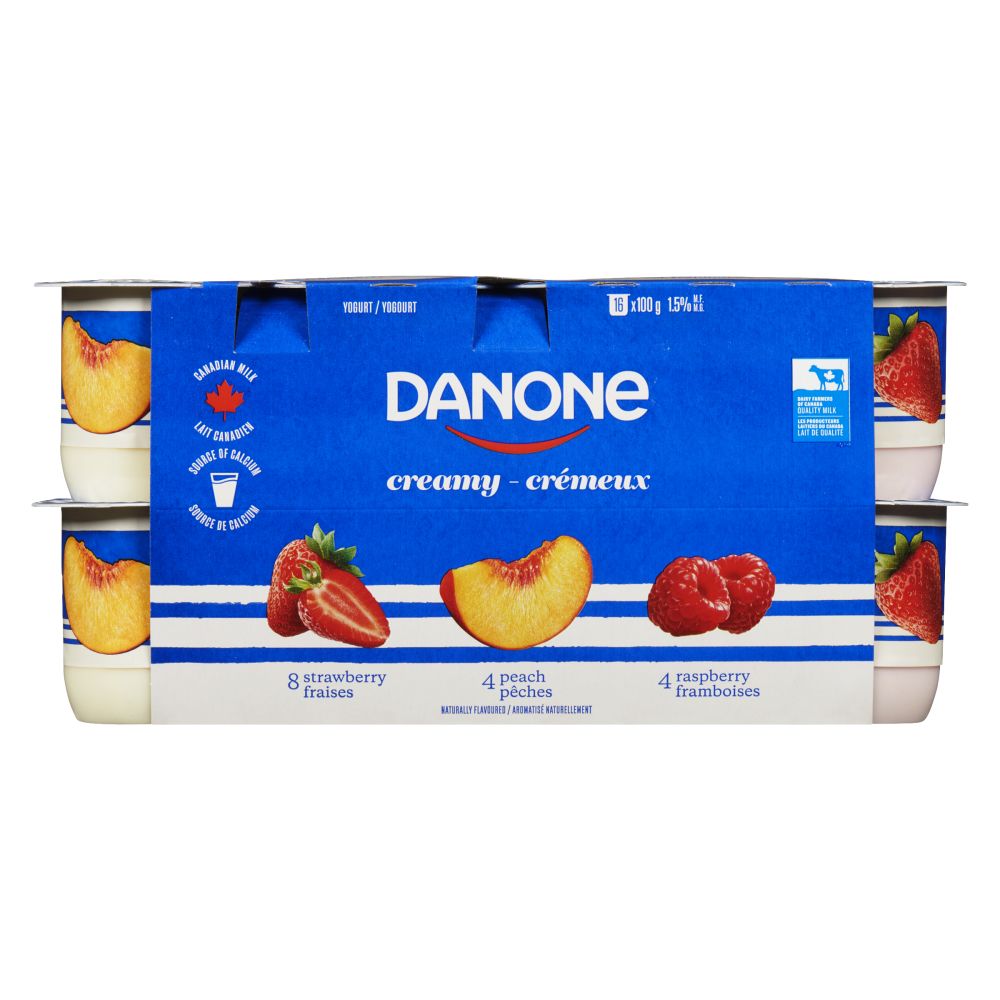 Danone Creamy Strawberry Peach Raspberry Yogourt 1.5% M.F. 16x100g