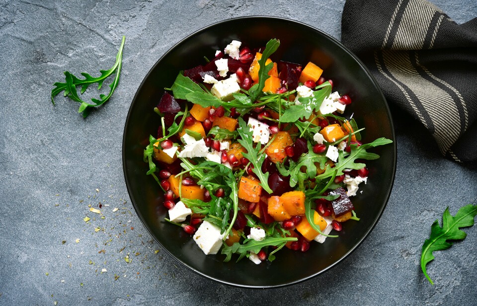 Pumpkin salad with arugula, beetroot and feta cheese